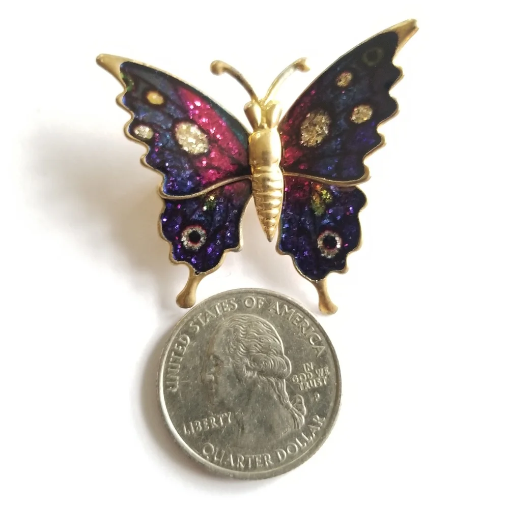 Vintage butterfly brooch glitter enamel pink purple gold tone pin moth